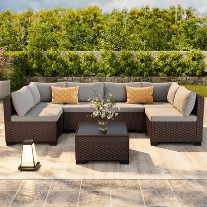 Ahomly 7-Piece Patio Furniture Set, Outdoor Sectional Couch with Water-Resistant Cushions & Coffee Table, PE Rattan Outdoor Patio Sofa Set for Backyard, Deck, Garden, or Porch, Grey