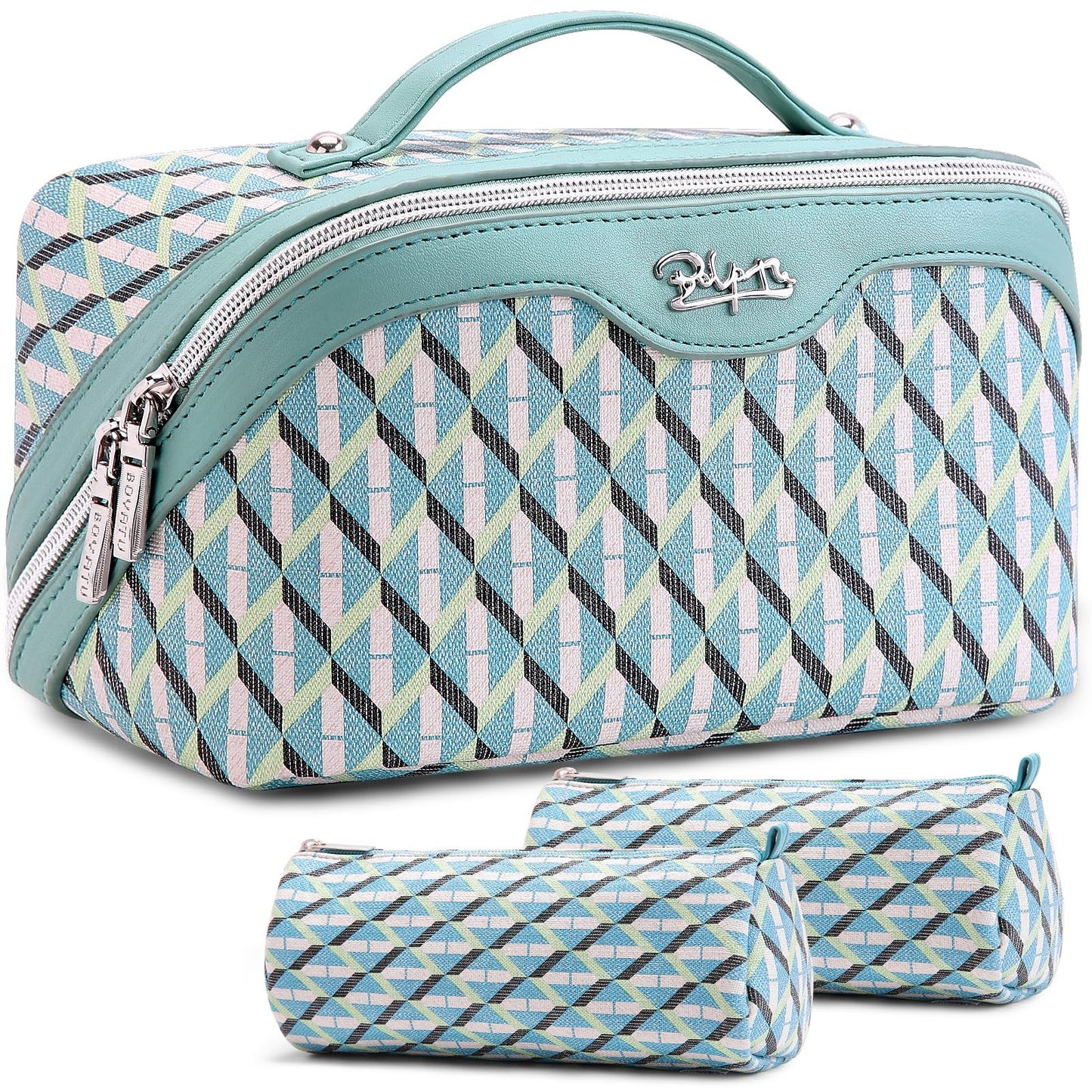 BOYATU Travel Makeup Bags for Women: Large Capacity Cosmetic Bag Set of 3 - Vegan Leather Make up Bags with Compartments - Wide Open Waterproof Toiletry Organizer Bag with Handle (P-02-Blue)