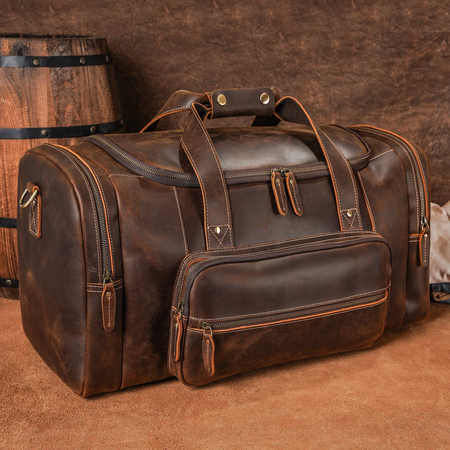 Polare 23" Full Grain Cowhide Leather Gym Duffle Weekender Overnight Travel Duffel Bag For Men 42L