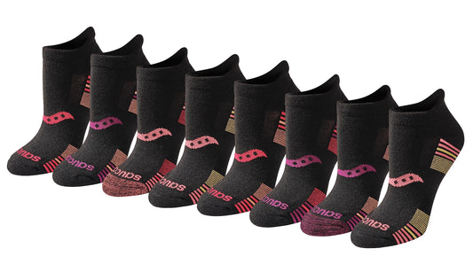 Saucony Women's RunDry Performance 8, 16 Pairs Heel Tab Athletic Socks, S-L, Black Rose Assorted (8 Pairs), Medium