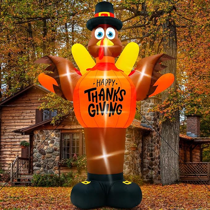 14FT Thanksgiving Turkey Inflatables, Extra Large Blow Up Thanksgiving Turkey Wearing Pumpkins, Pre-lit Happy Thanks Giving Outdoor Inflatable Decorations