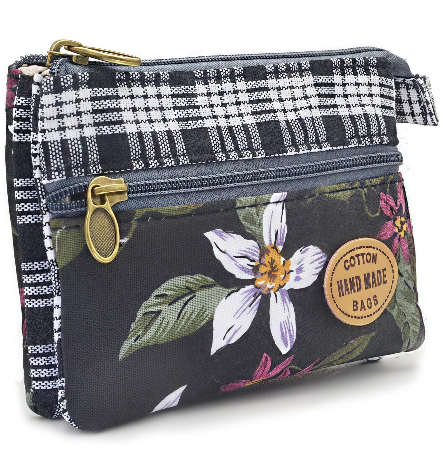 GUXL Women Small Zipper Coin Purse, Handmade Fabric Flower Embroidered Change Pouch, Cotton Double Zipper Wallet
