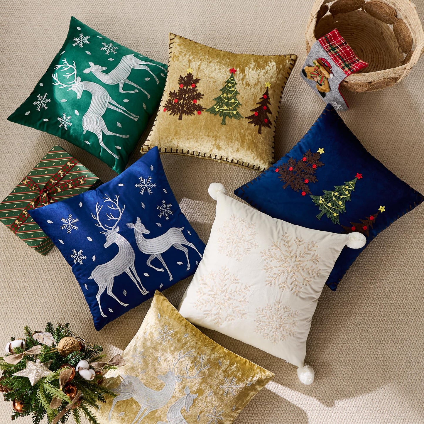 KINDREX Christmas Tree Throw Pillow Covers 18x18 Set of 2 Winter Holiday Decorative Navy Blue Embroidered Luxurious Soft Velvet Accent Pillowcase for Sofa Couch Bed Living Room Festivals Home Decor