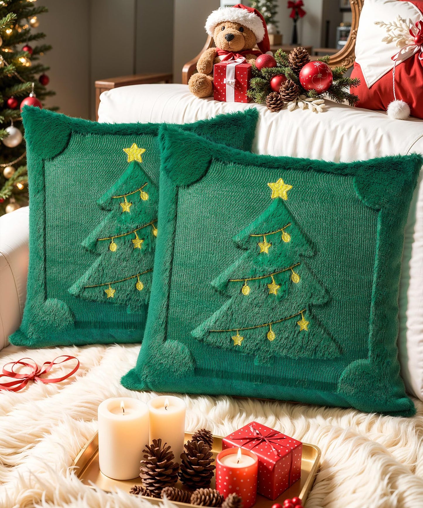 SEGXCFL Christmas Pillow Covers Set of 2 Soft Plush Faux Fur Pillow Cases 3D Embroidered Decorative Couch Cover Home Decor Christmas Throw Pillow Covers 18x18,Green Christmas Tree