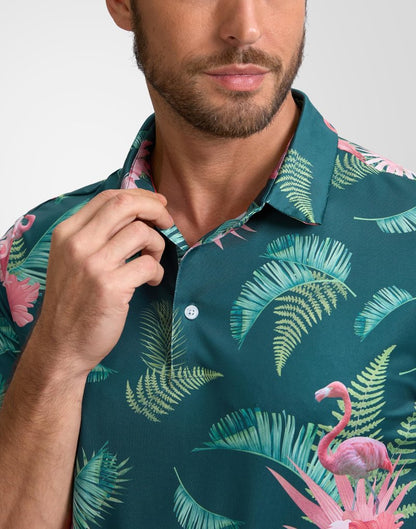 Obla Mens Golf Polo Shirts Short Sleeve Dry Fit Performance Moisture Wicking Casual Print Collared Golf Shirts for Men(Green Flamingo_XXL)