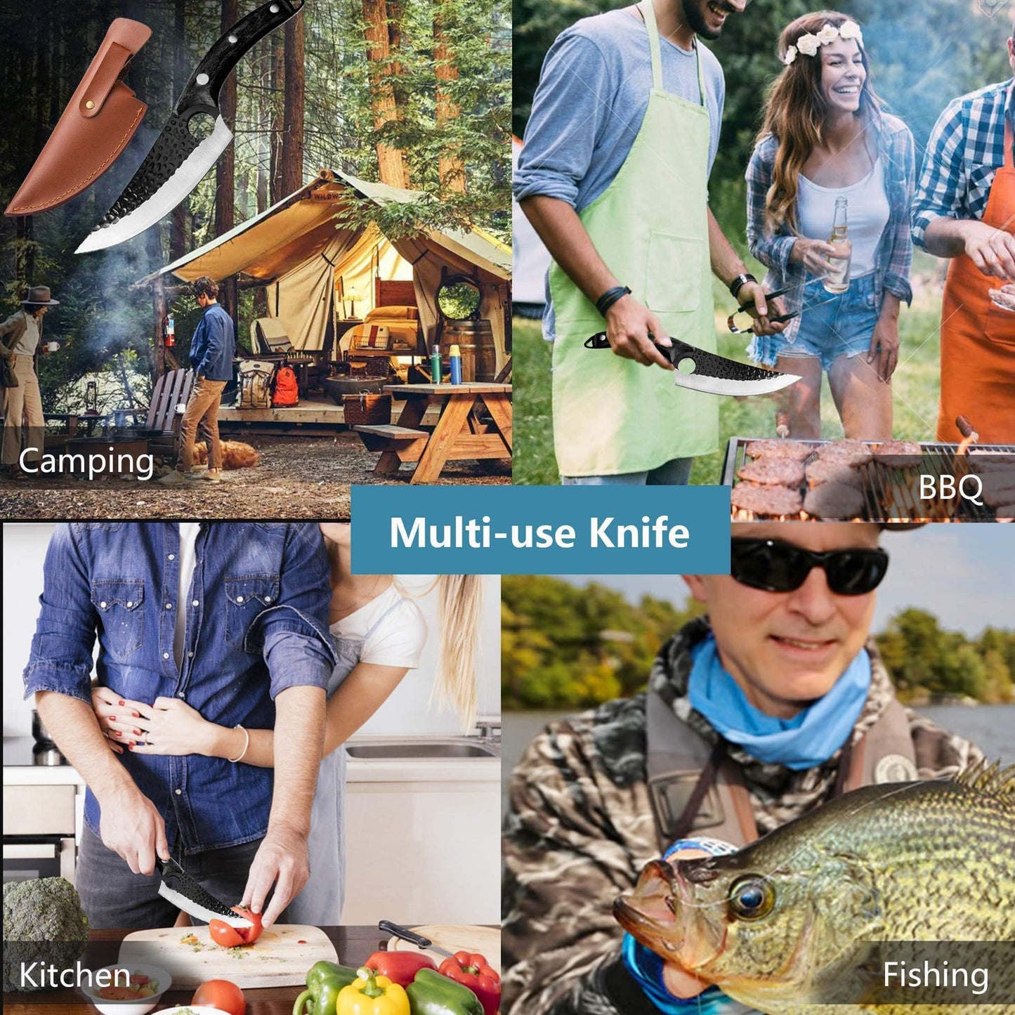 Huusk Viking Knives, Butcher Knife Black Forged Boning Knife with Sheath Japanese Fillet Meat Cleaver Knives Full Tang for Kitchen, Camping, BBQ Thanksgiving Gifts