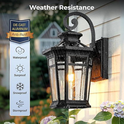 Large 9'' Outdoor Porch Light Wall Mount, Black Outdoor Wall Lantern Dusk to Dawn, Waterproof Exterior Light Fixture with Beveled Glass, Exterior Sconce Light for House, Coach Lights for Garage