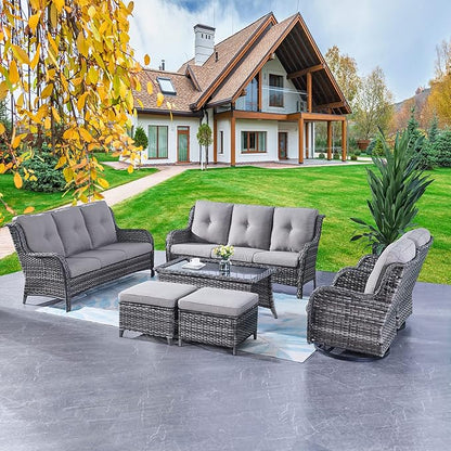 Rilyson Wicker Patio Furniture Set - 7 Piece Rattan Outdoor Sectional Conversation Sets with 2 Rocking Swivel Chairs,2 Ottomans,2 Sofa and 1 Coffee Table for Porch Deck Garden(Mixed Grey/Grey)