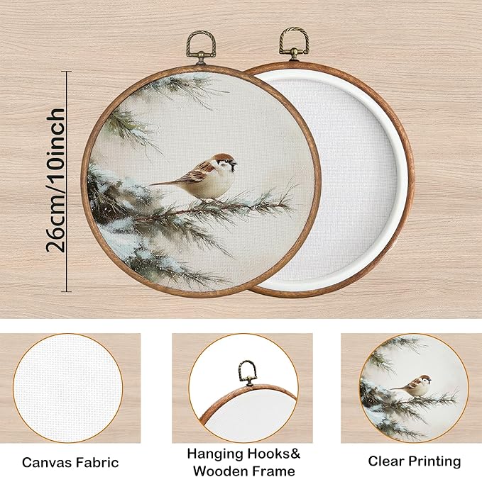 KSDUT Winter Bird Wall Decor Art - Memorial Wall Art Canvas Frame Hanging Prints, Vintage Winter Snowy Round Wall Art Decor for Home Farmhouse Bedroom Decorations 10"x10"