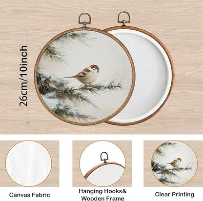 KSDUT Winter Bird Wall Decor Art - Memorial Wall Art Canvas Frame Hanging Prints, Vintage Winter Snowy Round Wall Art Decor for Home Farmhouse Bedroom Decorations 10"x10"