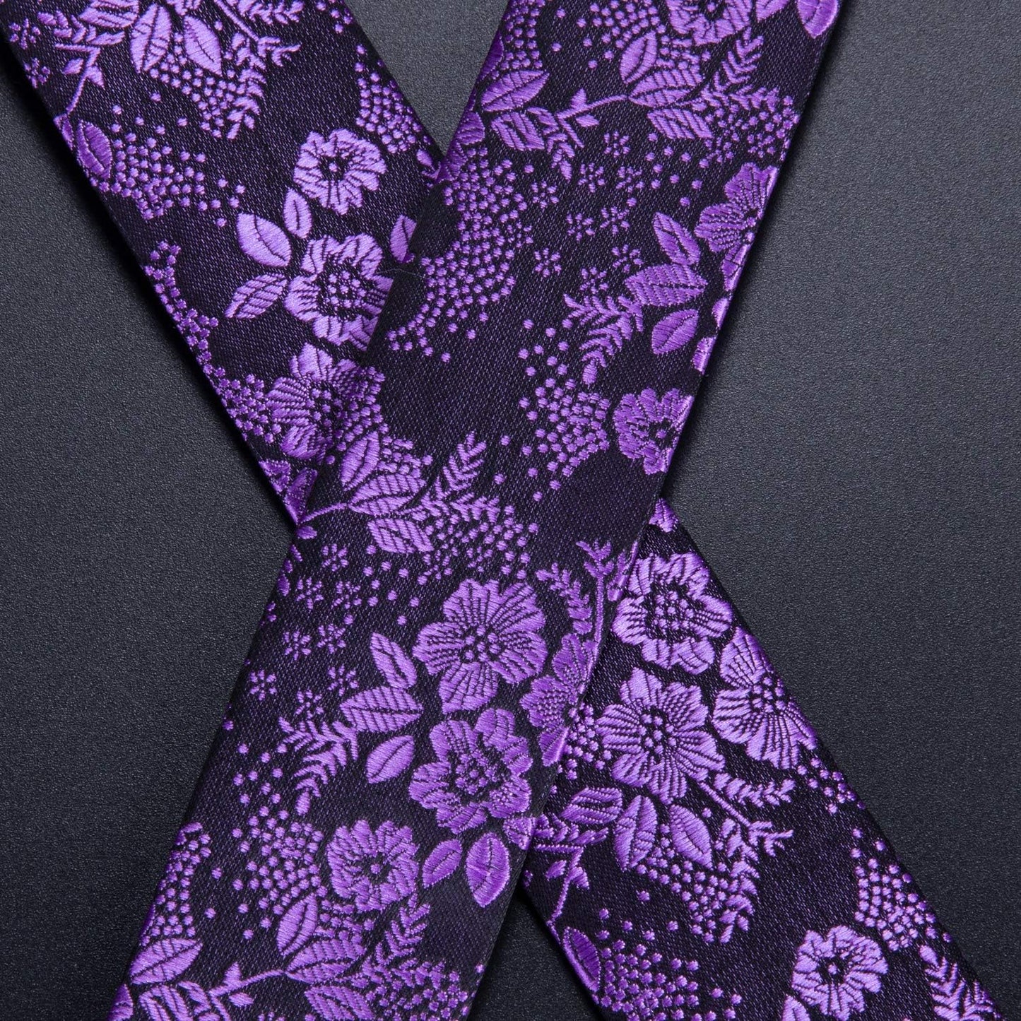 Hi-Tie Mardi Gras Purple and Black Silk Suspenders for Men Tie Set Jacquard Floral Adjustable Elastic Y Braces with Strong 6 Clips Pocket Square Set Wedding Party