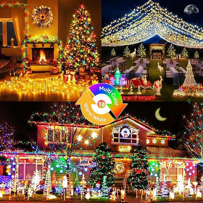 Hezbjiti 108FT 300 LED Color Changing Christmas Lights Outdoor, 11 Modes String Lights IP44 Waterproof Fairy Lights for Party Tree Yard Porch Wedding (Multicolor to Warm White, Clear Wire)