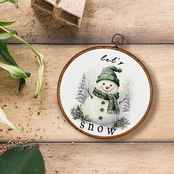KSDUT Winter Wall Decor Art - Snowman Snowy Wall Art Canvas Frame Hanging Prints, Xmas Holiday Let it Snow Round Wall Art Decor for Home Bedroom Decorations 10"x10"