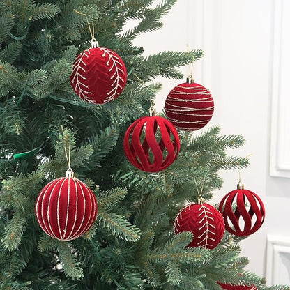 3.15INCH Burgundy Velvet Ornaments for Christmas Tree, 12PCS Glitter Flocked Christmas Ornaments Decorations Balls Set Decor