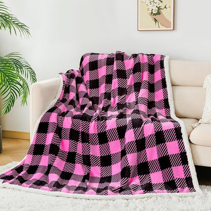 Touchat Sherpa Plaid Twin Blanket 60" X 70", Fuzzy Fluffy Soft Cozy Throw Blanket, Twin Size Plush Fleece Flannel Plush Microfiber Blanket for Couch Bed Sofa (Rosepink)