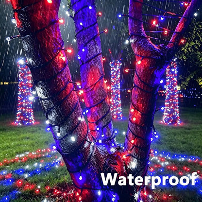 Joomer Red Blue White String Lights Outdoor, 100FT 300LED RGB Lights with Remote Timer Memory, Waterproof Indoor Outdoor 4th of July Independence Day Memorial Day Patriotic Yard Garden Decor