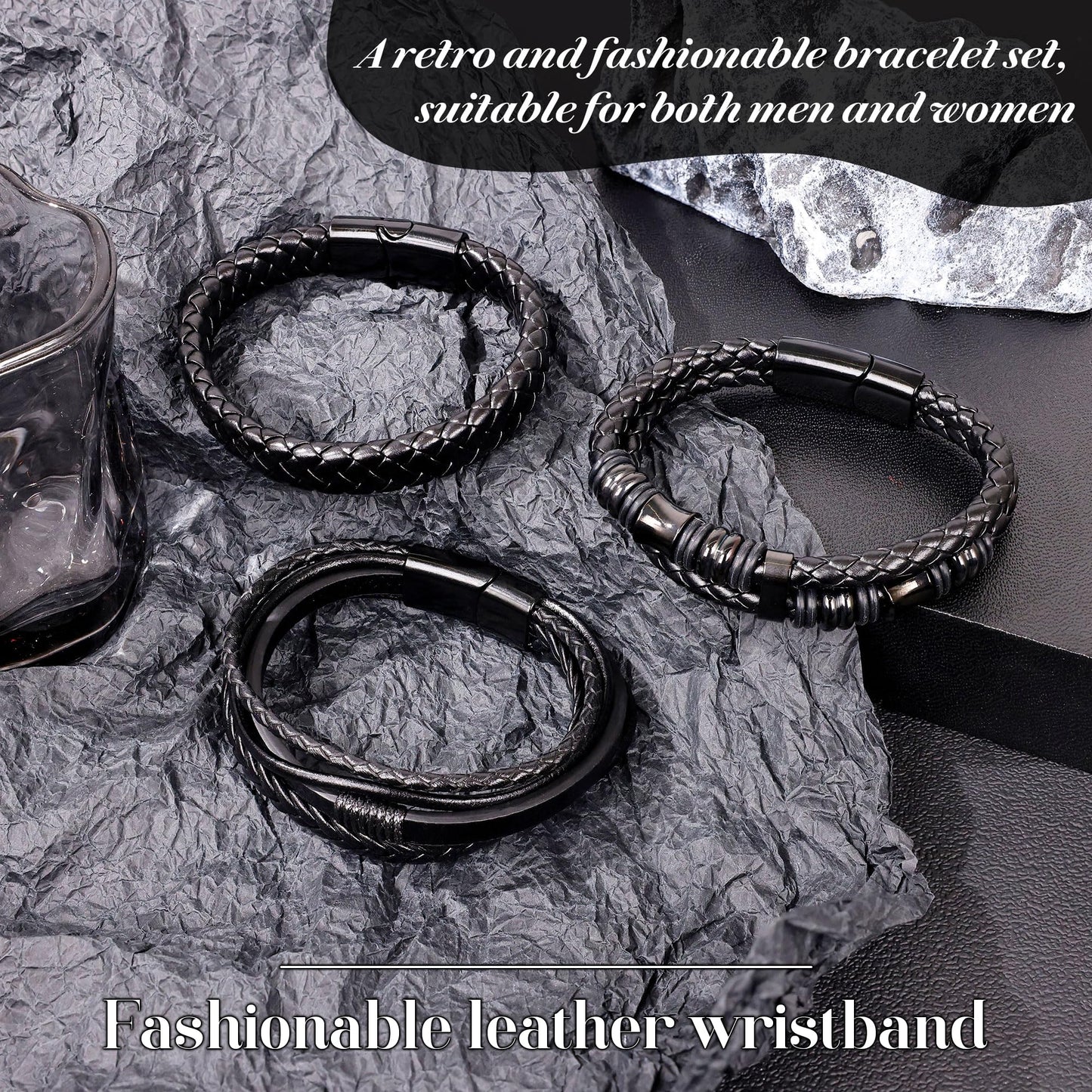 REVOLIA 3Pcs Black Leather Bracelets for Men Women Braided Leather Wristband Cuff Bracelets Multi-Layer Braided Leather Bracelets Set Black 7.5 Inch