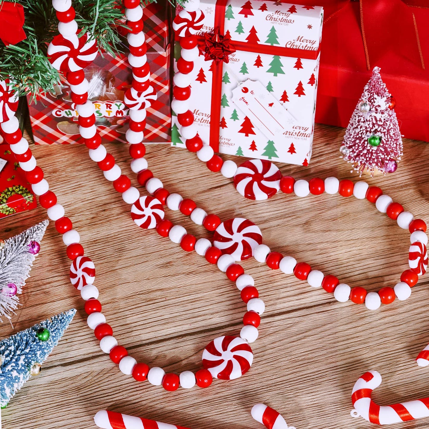 obmwang 10 Feet Christmas Wooden Bead Candy Garland Red and White Peppermint Candy Bead Garland for Xmas Party Supplies Holiday Decor