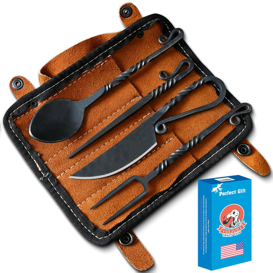 VULTURE CRAFTS CLUB, Medieval Silverware Set with Leather Cover - Hand Forged Medieval Cutlery Set - Viking Camping Utensils, Medieval Decor, Gifts - 4 Pcs Viking Utensils Set Fork Spoon and Knife Set (all Black)