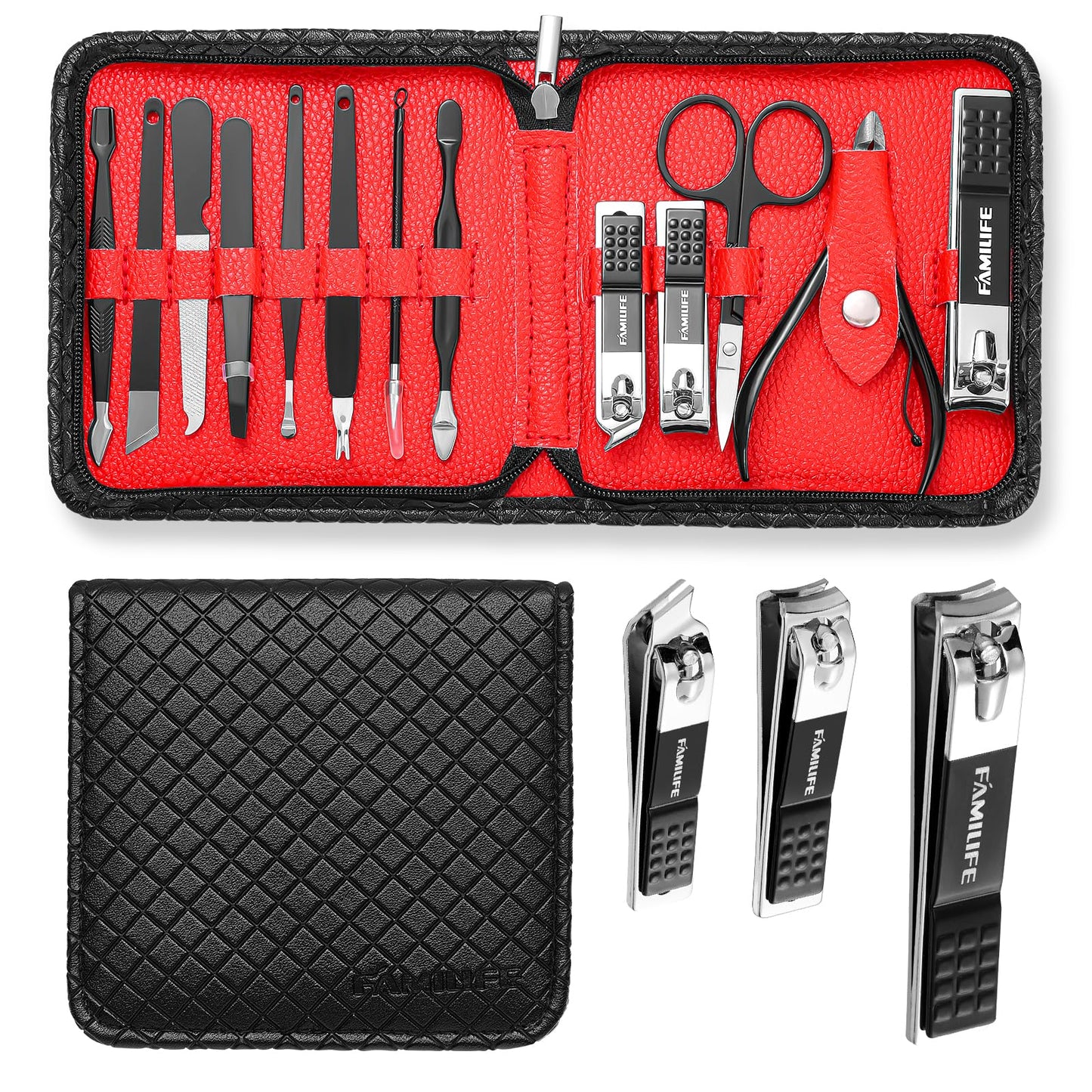 FAMILIFE Manicure Set, Nail Professional Kit Manicure Kits Nail Clipper Sets, 13PCS Stainless Steel Pedicure Sets Mens Grooming Tool, with Brown Leather Travel Case for Men