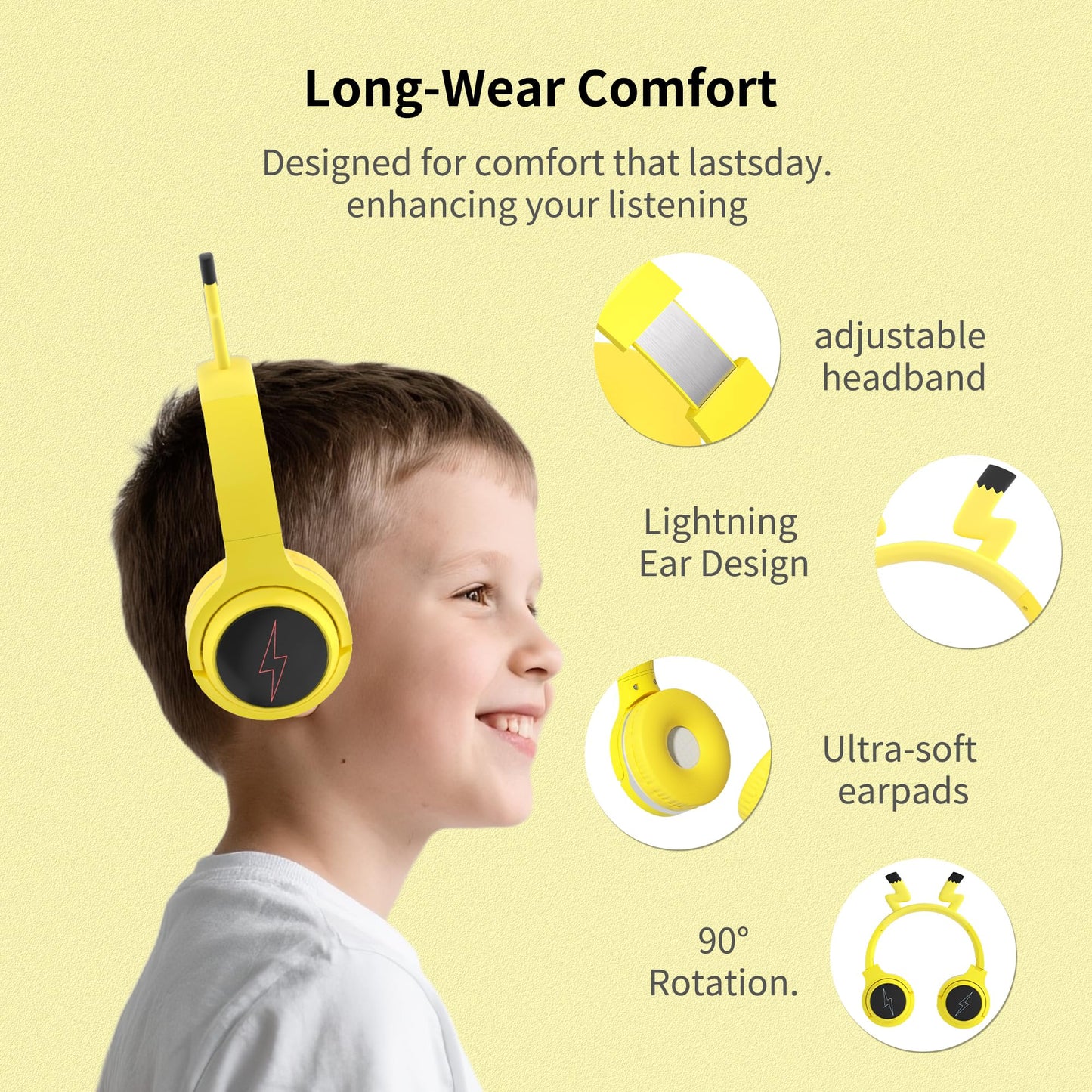 YLFASHION Wireless Kids Headphones with 7-Color LED Lights, 85dB Safe Volume & 40H Playtime – Ultra-Soft Over-Ear for School Travel