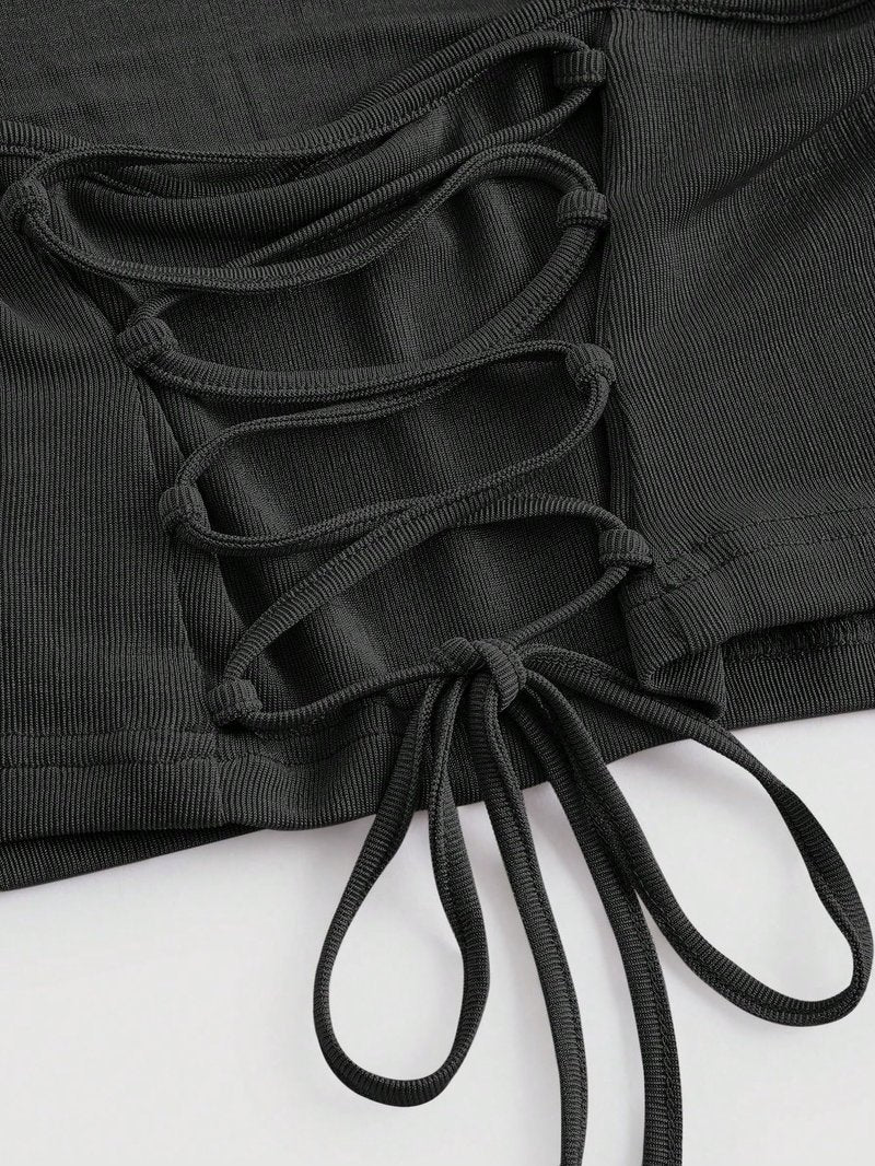 SOLY HUX Women's Cowl Neck Crop Camisole Top Lace Up Ruched Sleeveless Y2k Tops Plain Black Medium