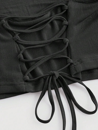 SOLY HUX Women's Cowl Neck Crop Camisole Top Lace Up Ruched Sleeveless Y2k Tops Plain Black Small