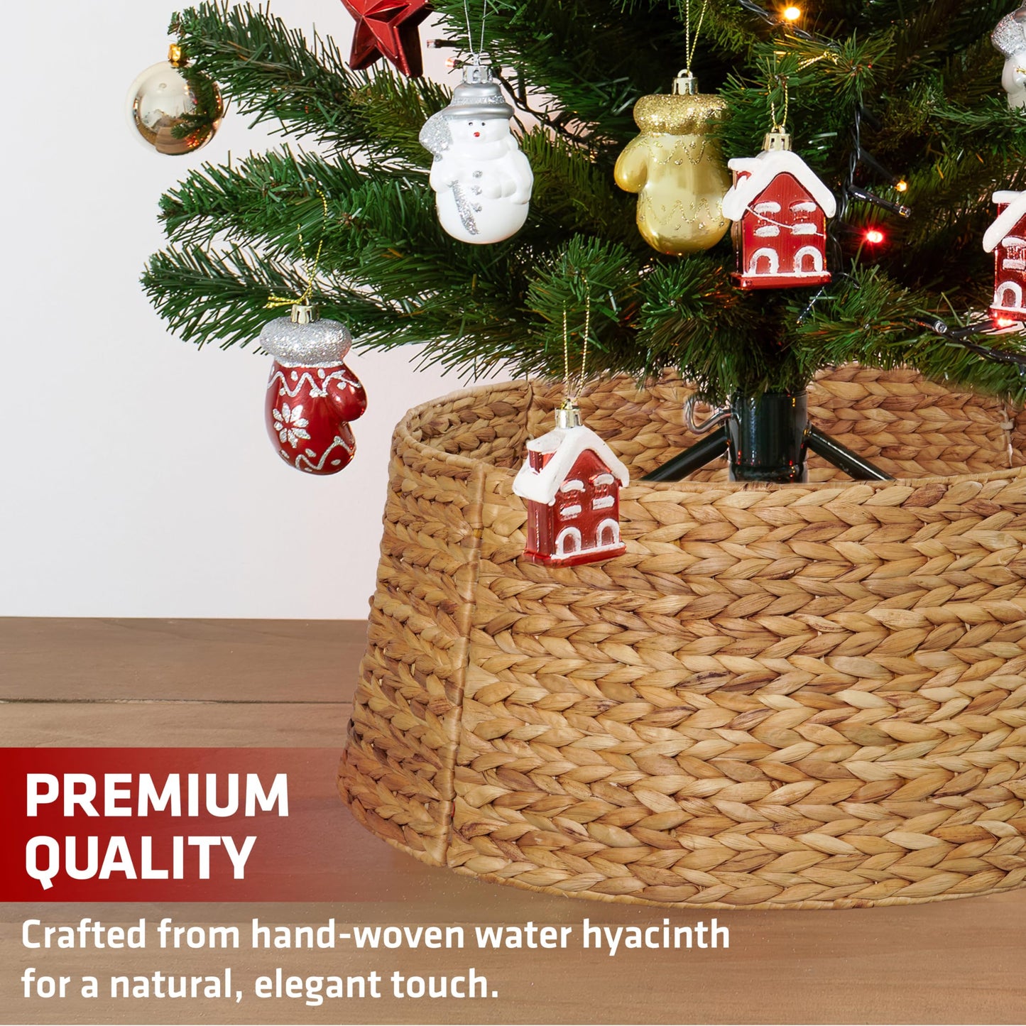 MIXUMON Handmade Water Hyacinth Christmas Tree Collar 24" – Rustic Basketweave Tree Base Cover, Eco-Friendly Skirt Alternative with Cord Cut-Out (Natural)