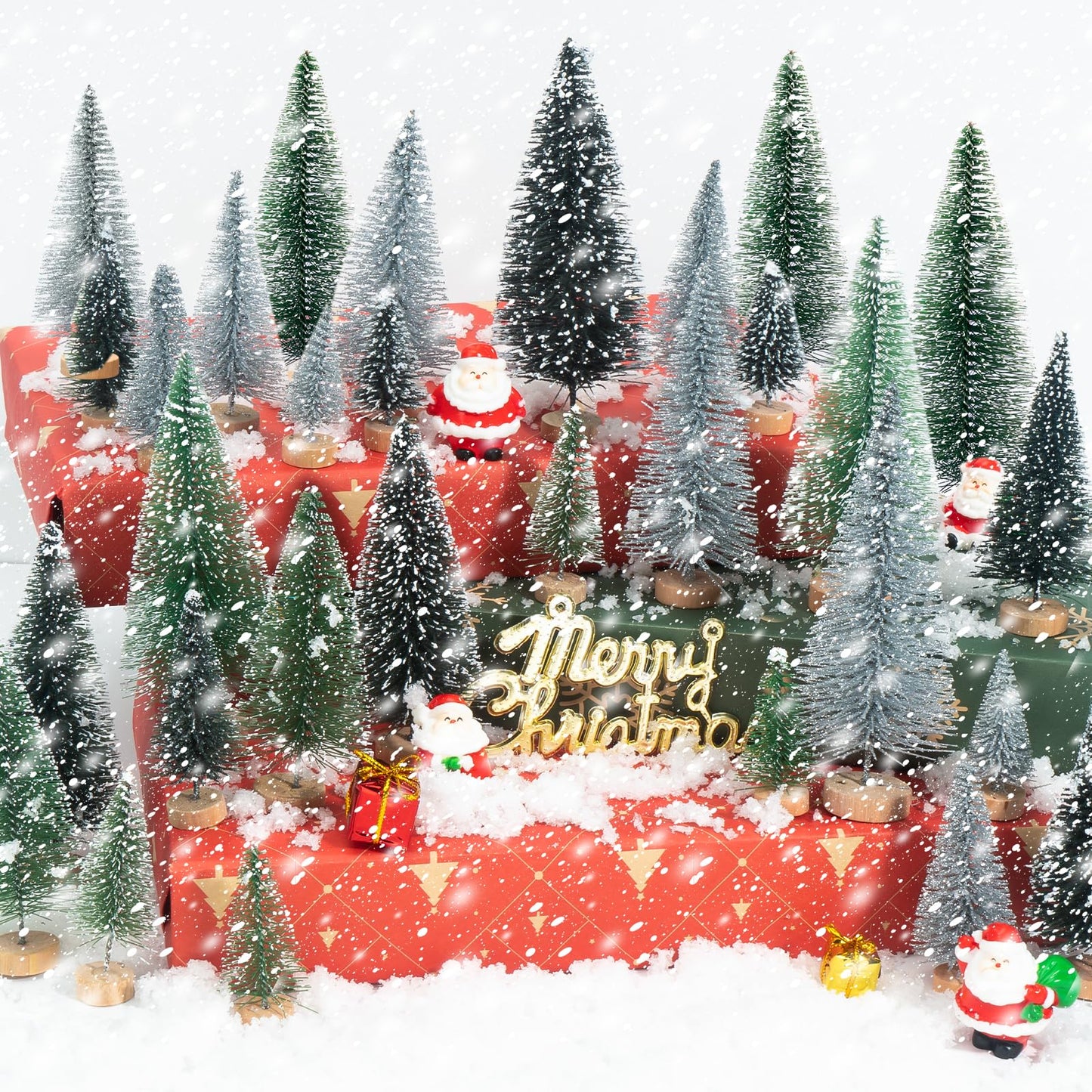 Tizuxa 30pcs Tiny Christmas Trees for Christmas Decorations, Mini Artificial Christmas Tree Small with Snowflakes Bottle Brush Trees for Christmas Decor Party Home Table Top Winter Crafts Decorations