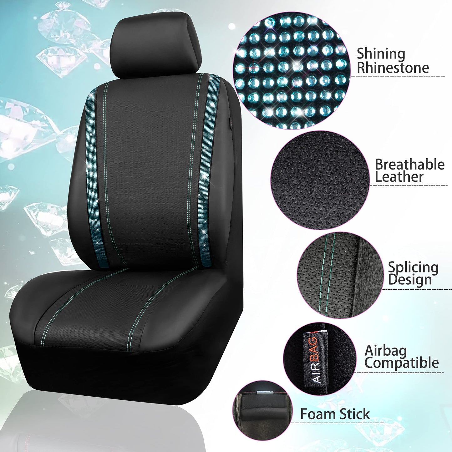 CAR PASS Bling Car Seat Covers Full Set, Shining Rhinestone Diamond Waterproof Faux Leather Universal Fit 95% Automotive Glitter Crystal Sparkle Strips for Cute Women Girl, Full Set (Mint Diamond)