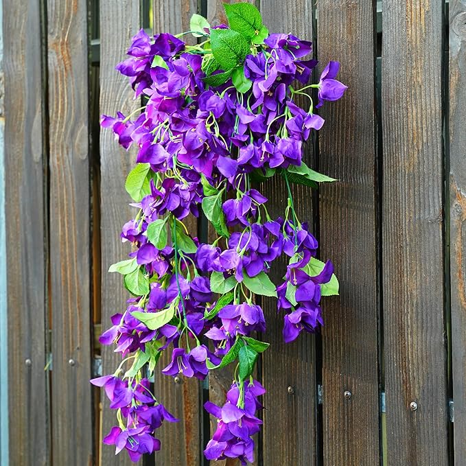 2PCS Bougainvillea Artificial Hanging Flowers Plants for Outdoors Outside Summer Decoration, Faux Silk Flowers Fake Vines UV Resistant Look Real Realistic for Front Door Porch Planter Balcony, Purple