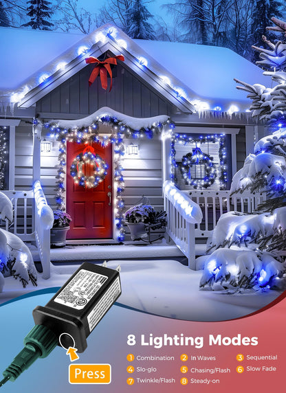 Minetom C9 LED Christmas String Lights - 82ft, 100 LEDs, Timer, 8 Modes, Plug-in, Blue and White