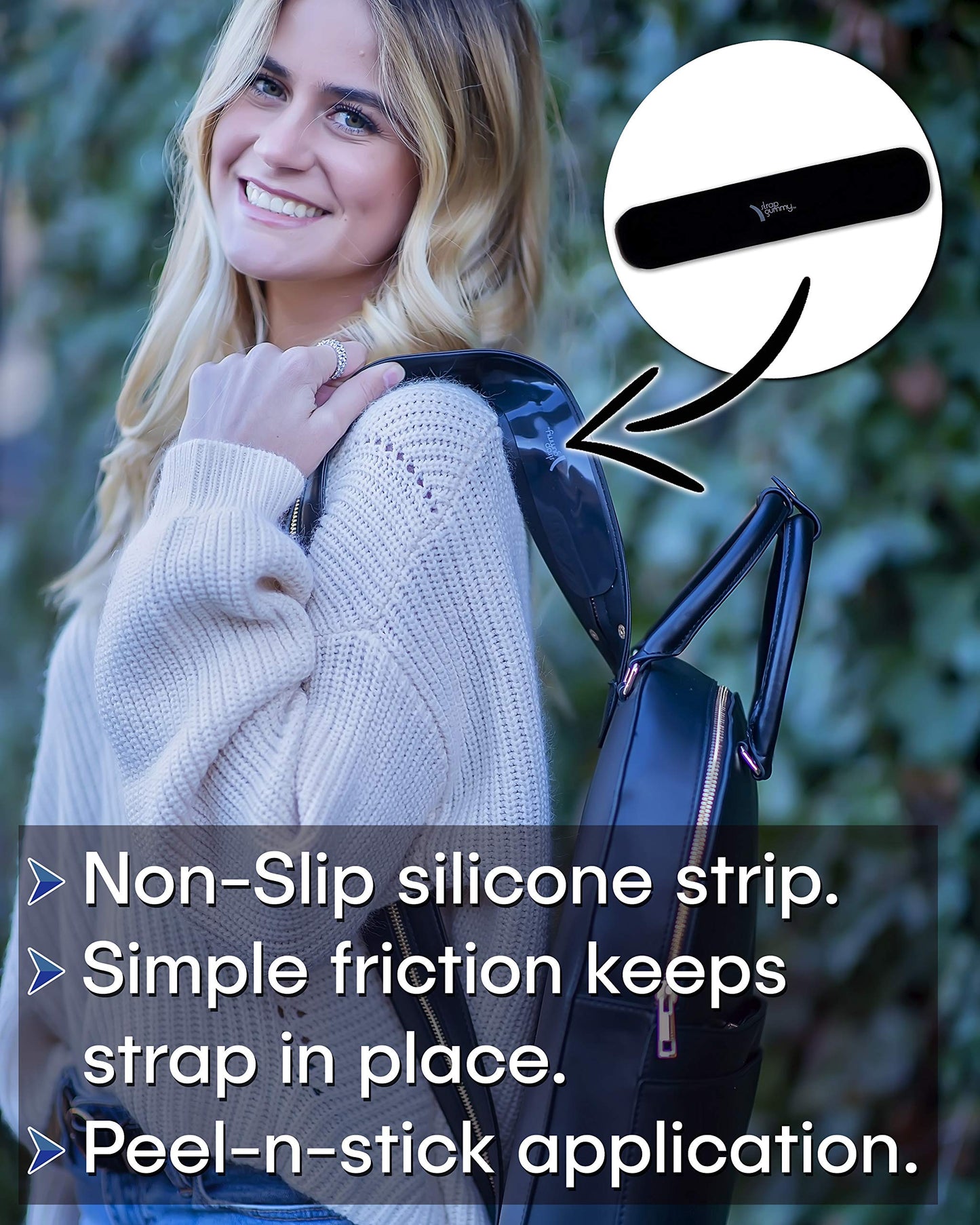 Strap Gummy - Prevent Strap Slips - The ORIGINAL Non Slip Shoulder Strap Grip Strips - Set of 4 Pieces - 2 Large Black & 2 Small Semi-Clear