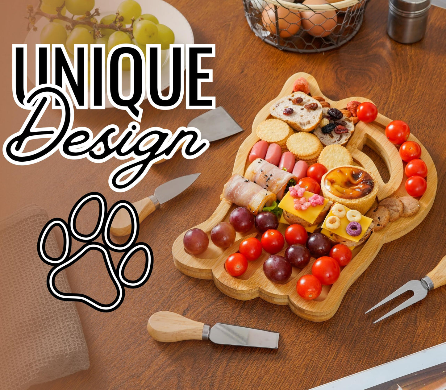 Cat Charcuterie Board,Cat Gifts for Women/Men, Cat Decor 11.81 * 8.66 * 0.78 inches Cheeses Charcuterie Wood Cutting/Serving Board Set with 4 Matching Spreaders for Housewarming Thanksgiving Christmas