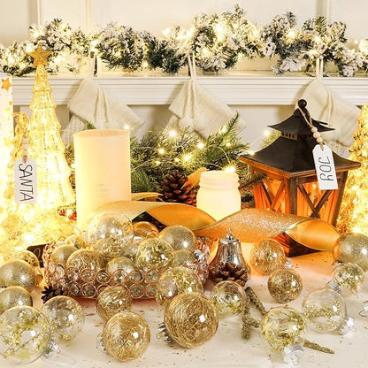 XmasExp 32ct Christmas Ball Ornaments Set -Gold Clear Plastic Shatterproof Xmas Tree Ball Decorations Hanging Baubles for Holiday Decor
