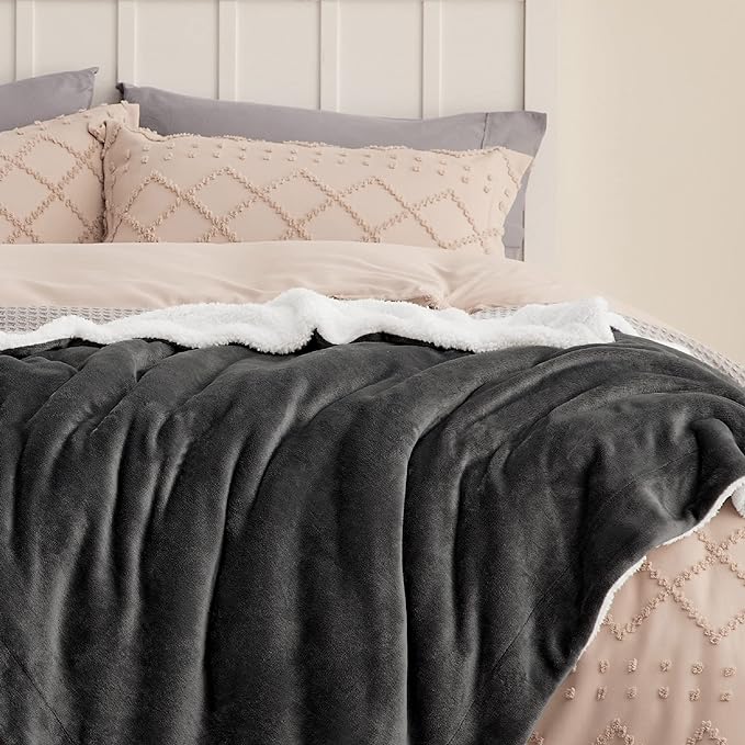 Bedsure GentleSoft Sherpa Fleece Blankets Queen Size for Bed - Thick and Warm Throw for Men, Soft Fuzzy Plush Queen Blanket for Winter, Charcoal, 90x90 Inches