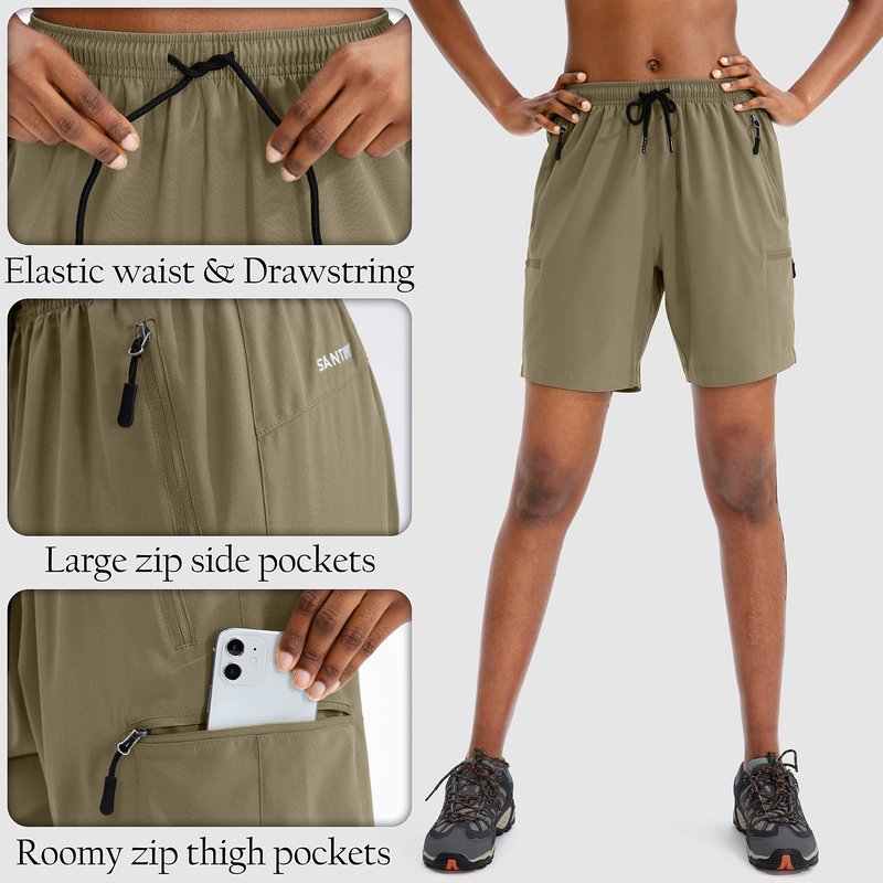 SANTINY Women's 5''/ 7''/9'' Hiking Cargo Shorts Quick Dry Lightweight Summer Shorts for Women Athletic Golf Zipper Pockets(Dusty Khaki_XXL)