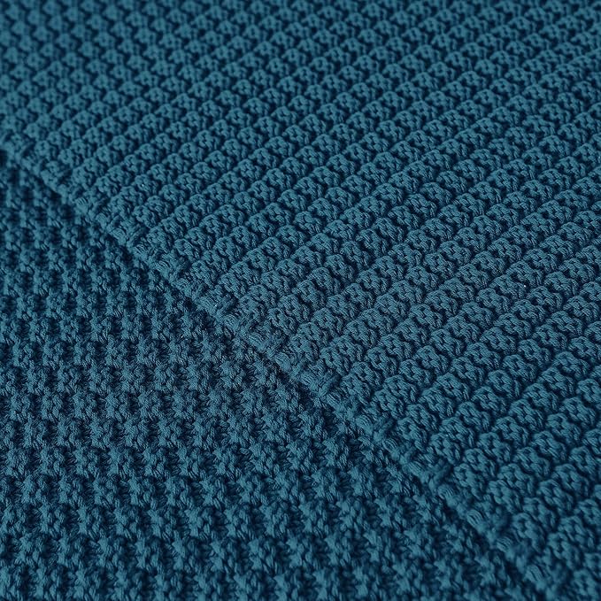 Longhui bedding Blue Knitted Throw Blanket for Couch - Soft, Cozy Machine Washable 100% Cotton Sofa Knit Blankets, Heavy 3.0lb Weight, 50 x 60 Inches, Laundry Bag Included