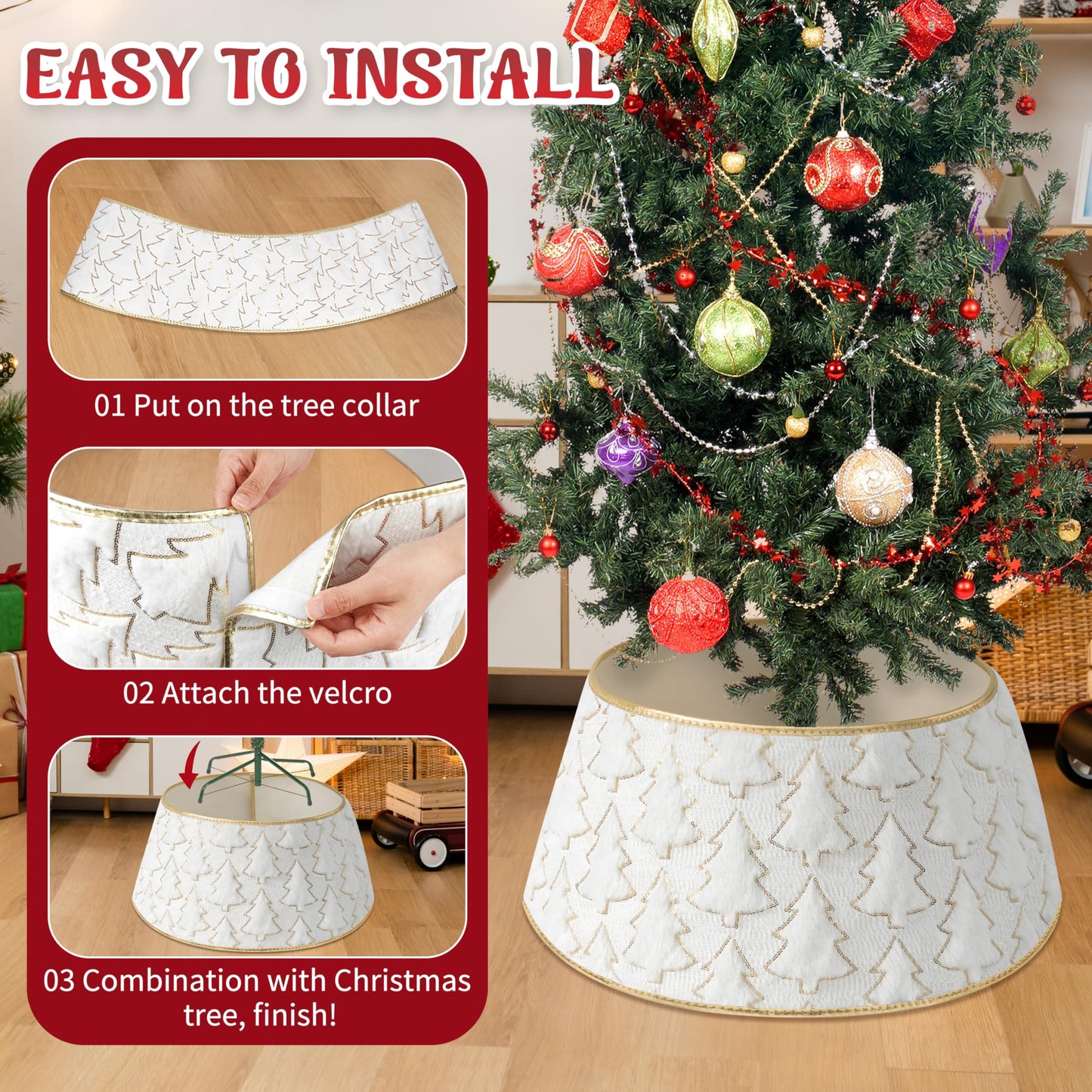 Faux Plush Christmas Tree Collar,Rustic Farmhouse Tree Skirt Ring with Xmas Tree Textured Pattern for Holiday Christmas Indoor Home Decor（White）