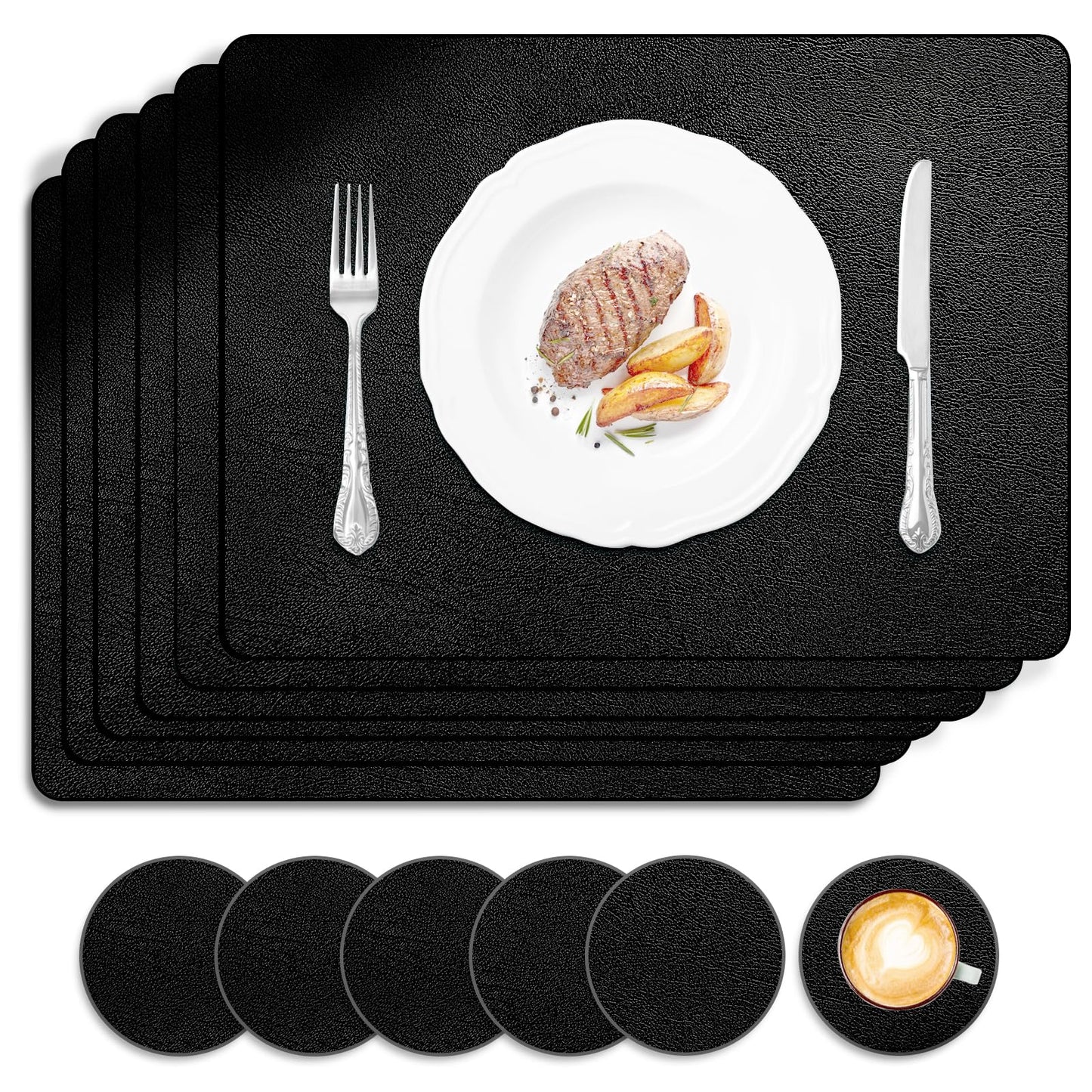 Keaixinyu Placemats and Coasters Set of 6, Waterproof、Oil-Proof Wipeable、Anti Slip PVC Leather Place Mats, Heat Resistant Reversible Table Mats for Kitchen, Dining, Outdoor 17’’×12’’, (Black)