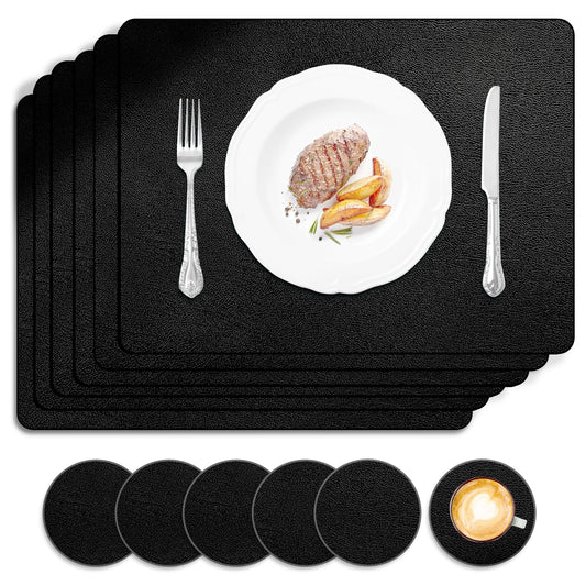 Keaixinyu Placemats and Coasters Set of 6, Waterproof、Oil-Proof Wipeable、Anti Slip PVC Leather Place Mats, Heat Resistant Reversible Table Mats for Kitchen, Dining, Outdoor 17’’×12’’, (Black)