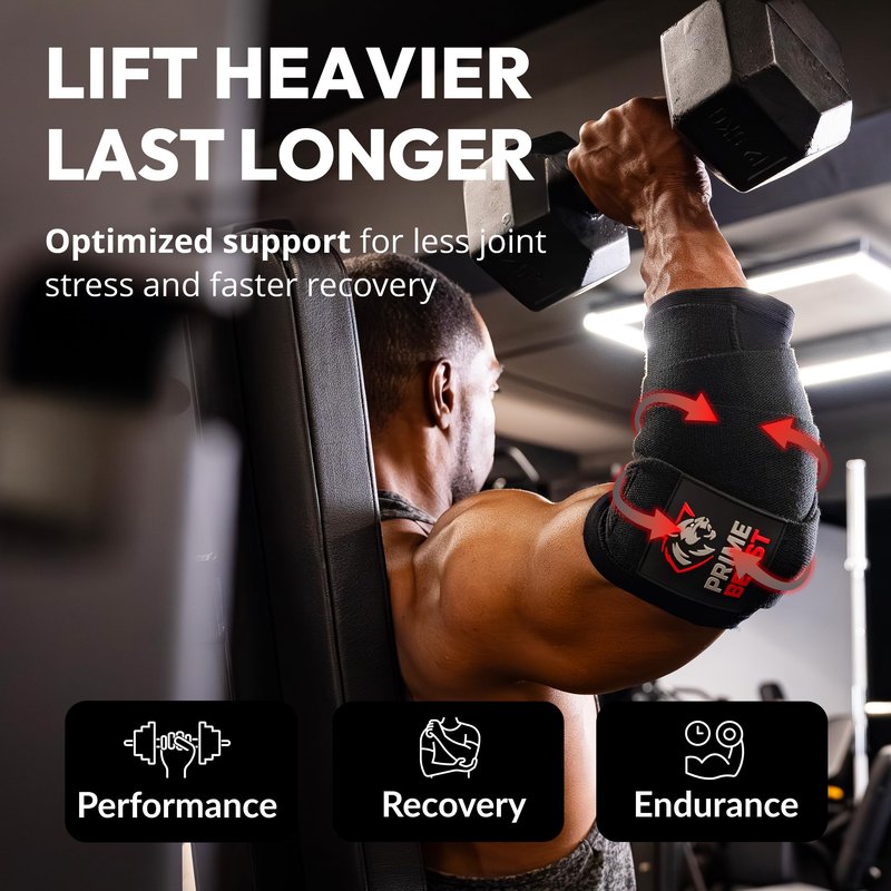 Prime Beast Hybrid Elbow Wraps for Weightlifting, Compression Sleeve and Adjustable Wrap Support for Bench Press, Powerlifting, and Gym Training (1 Pair) (Black, Small)