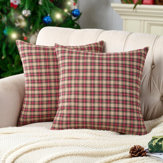 Vintage Brown Tartan Plaid Christmas Decorative Throw Pillow Covers 18x18 Set of 2, Primitive Christmas Decor Buffalo Plaid Pillows 18 x 18 Inch for Couch Bed, Rustic Farmhouse Xmas Decorations