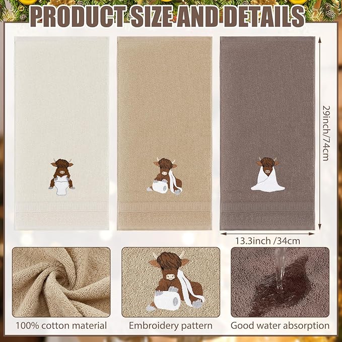 3 Pcs Highland Cow Hand Towels Embroidered Cow Farmhouse Decorative Bath Towels
