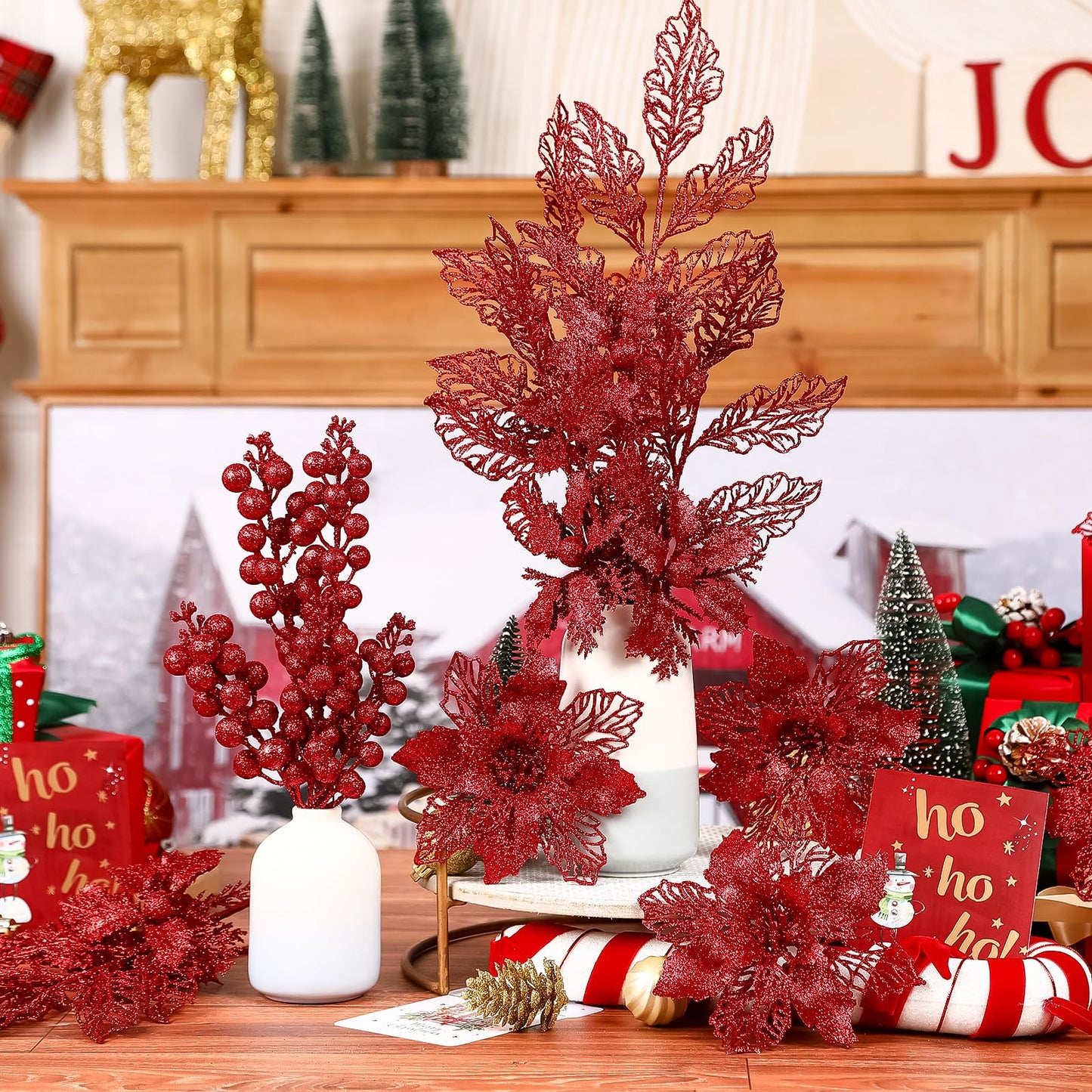 Alupssuc 24 PCS Christmas Tree Decorations, 12 PCS Poinsettia Flowers Artificial+6 PCS Glitter Holly Berry Stems+6 Berry Leaves Christmas Tree Picks for Party Wreath Fireplace, Red