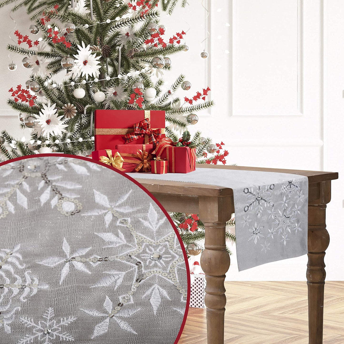 OWENIE Christmas Table Runner, Snowflake Silver Grey Table Runners, Xmas Holiday Tabletop Decor, Embroidery Table Centerpieces with Sequins and Diamonds, Glittering Winter Home Decorations, 14X70 Inch