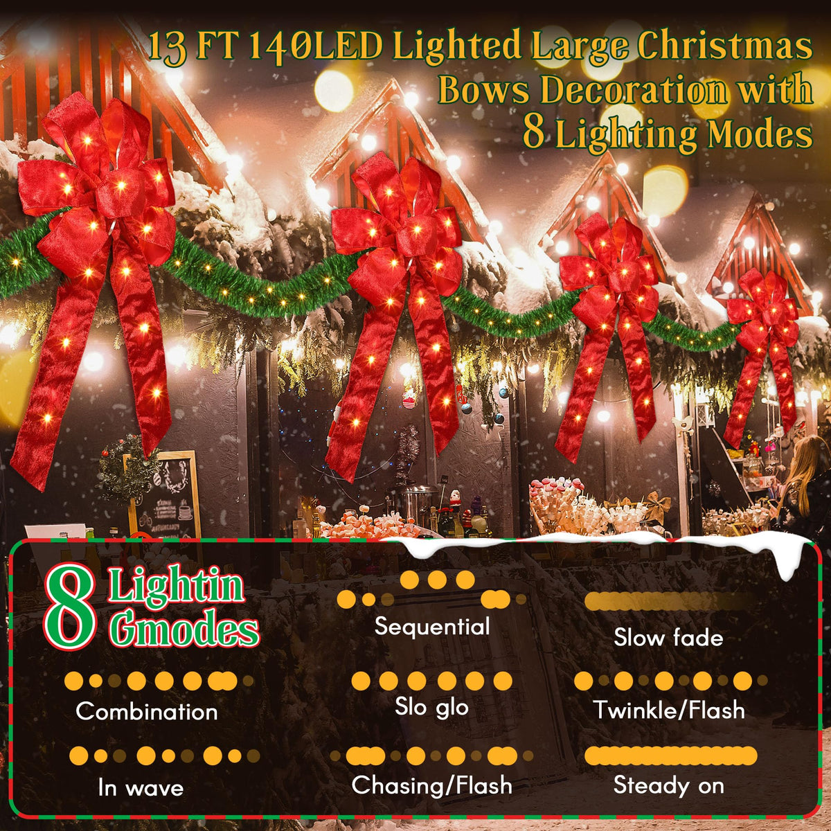 13 FT Christmas Bows Fence Decoration, 140LED Lighted Large Christmas Bows Decoration with 8 Mode and Timing Ornament for Party Front Door Fireplace (Red,Artificial Garland)
