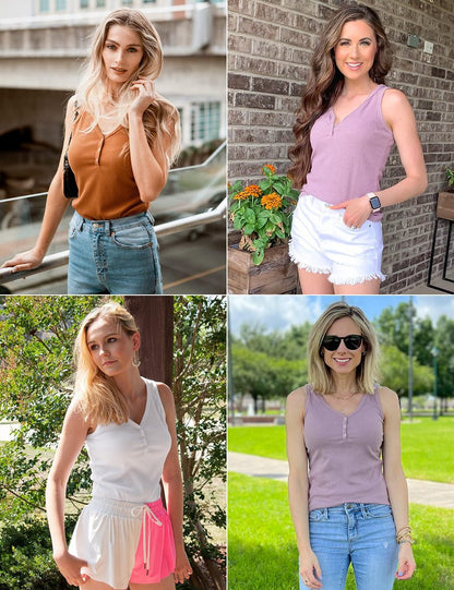 MEROKEETY Women's 2026 Summer Sleeveless Tank Tops V Neck Ribbed Dressy Casual Henley Shirts Button Loose Cami Tees, White, M