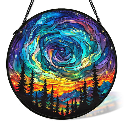 cvjutf Northern Lights Suncatcher Stained Glass Window Hanging Decor Ornaments, Nature Mountain Stained Glass Decor, Landscape Garden Lawn Sun Catchers Hanging Wall Art, Nature Lover Gifts,7.9x7.9In