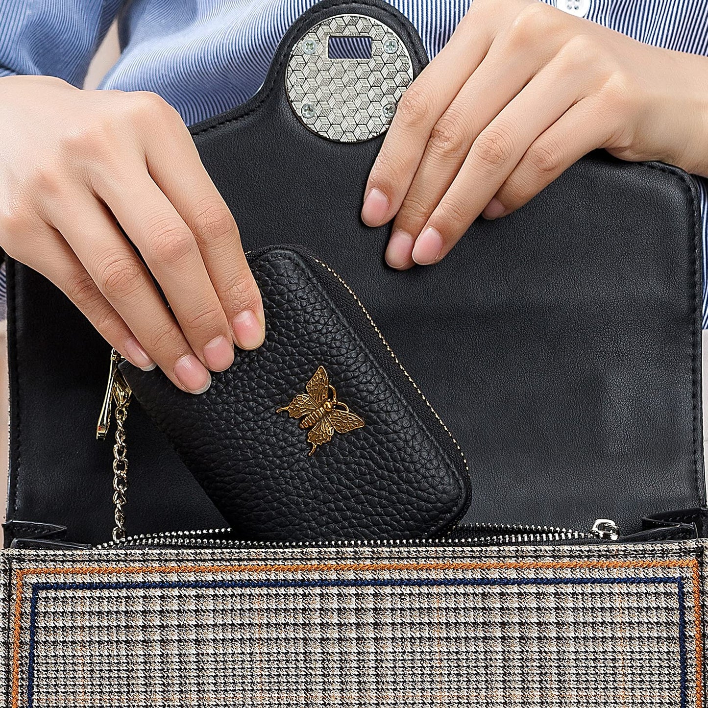 imeetu RFID Credit Card Holder for Women Genuine Leather Card Case Wallet with Zipper and Removable Keychain (Black)
